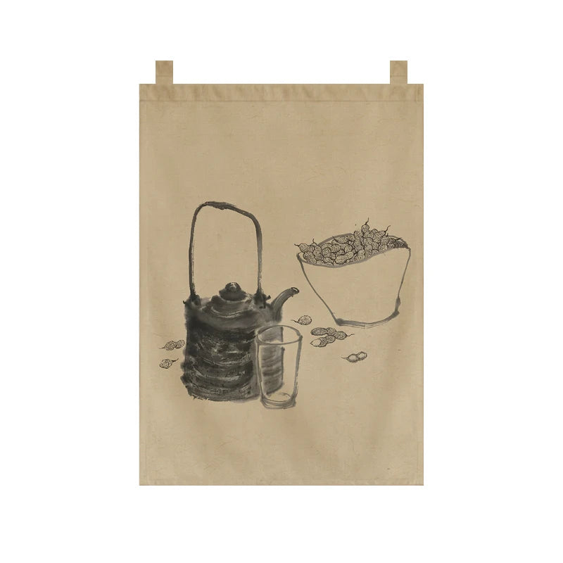Japanese Tea Room Noren Curtain — Koi Fish & Kanji Calligraphy Panel Set