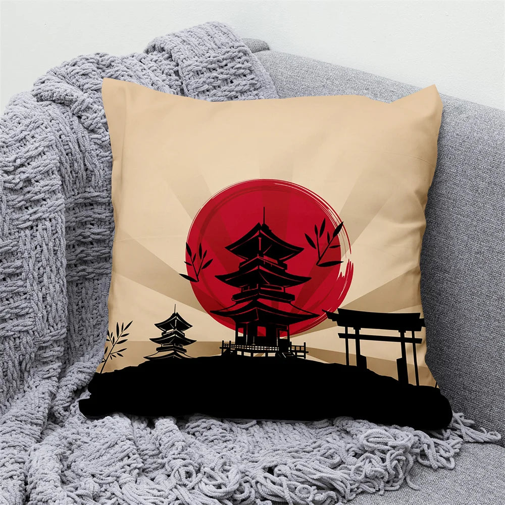 Lucky Cat & Mount Fuji Cushion Cover — Japanese Art Pillow