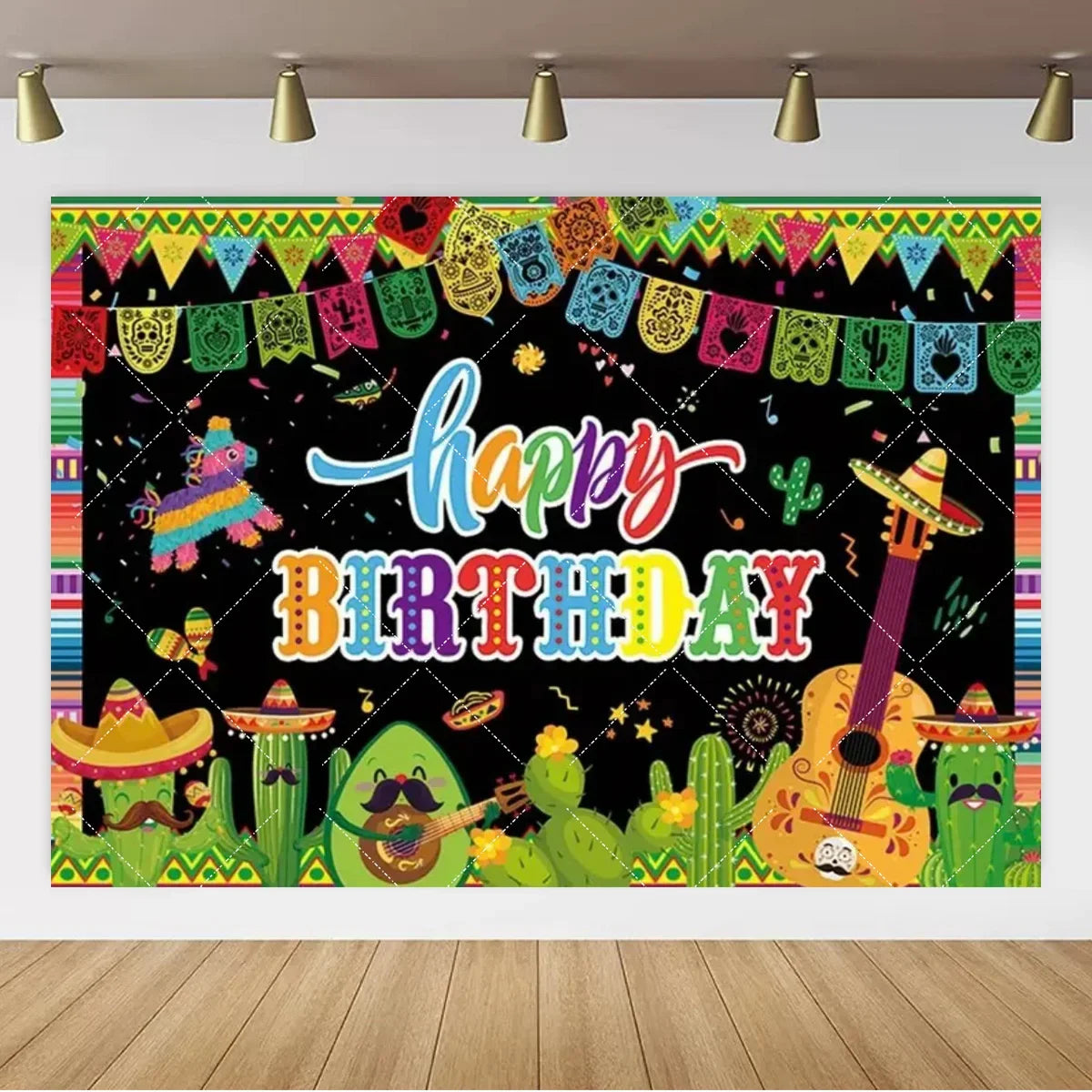Mexican Fiesta Photo Backdrop — Cinco de Mayo Cactus & Guitar Party Banner