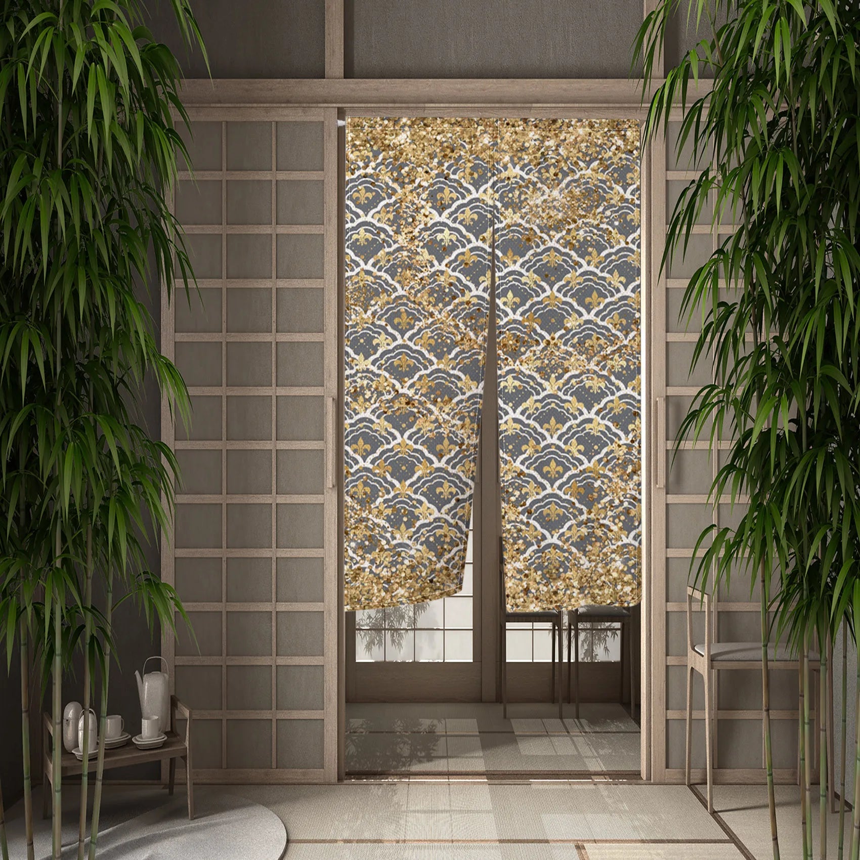 Traditional Japanese Wave Pattern Door Curtain Linen Durable Stylish Bedroom Kitchen Entrance Decor Partition Half Curtain
