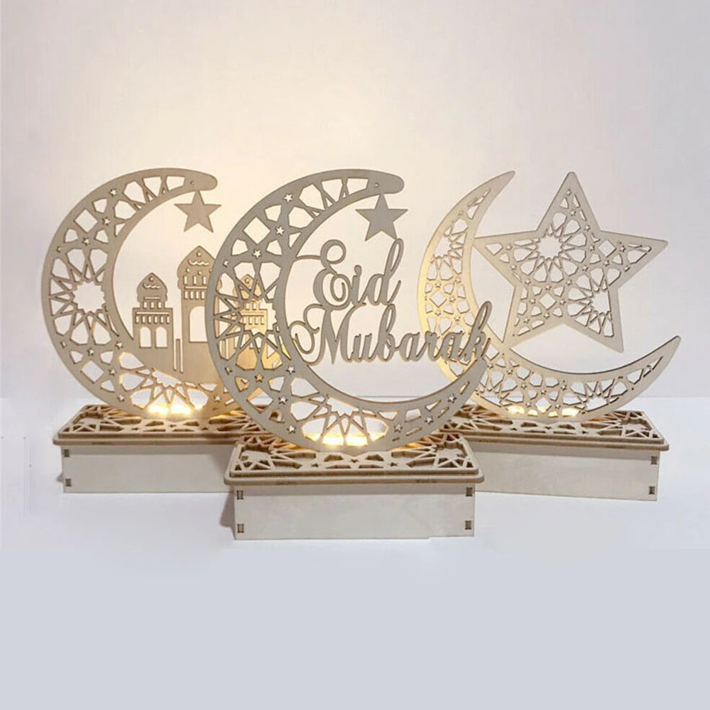 Ramadan Mubarak LED Wooden Ornament — Moon & Star Eid Decoration