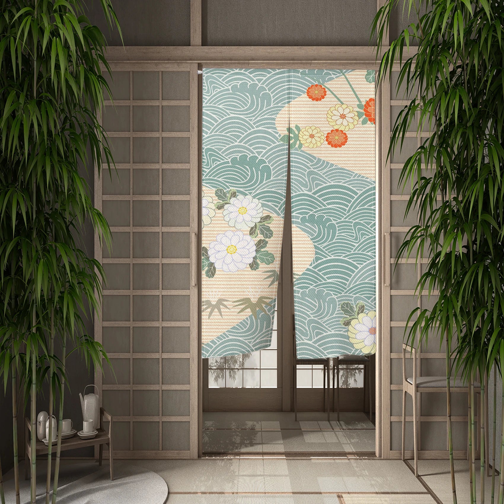 Traditional Japanese Wave Pattern Door Curtain Linen Durable Stylish Bedroom Kitchen Entrance Decor Partition Half Curtain