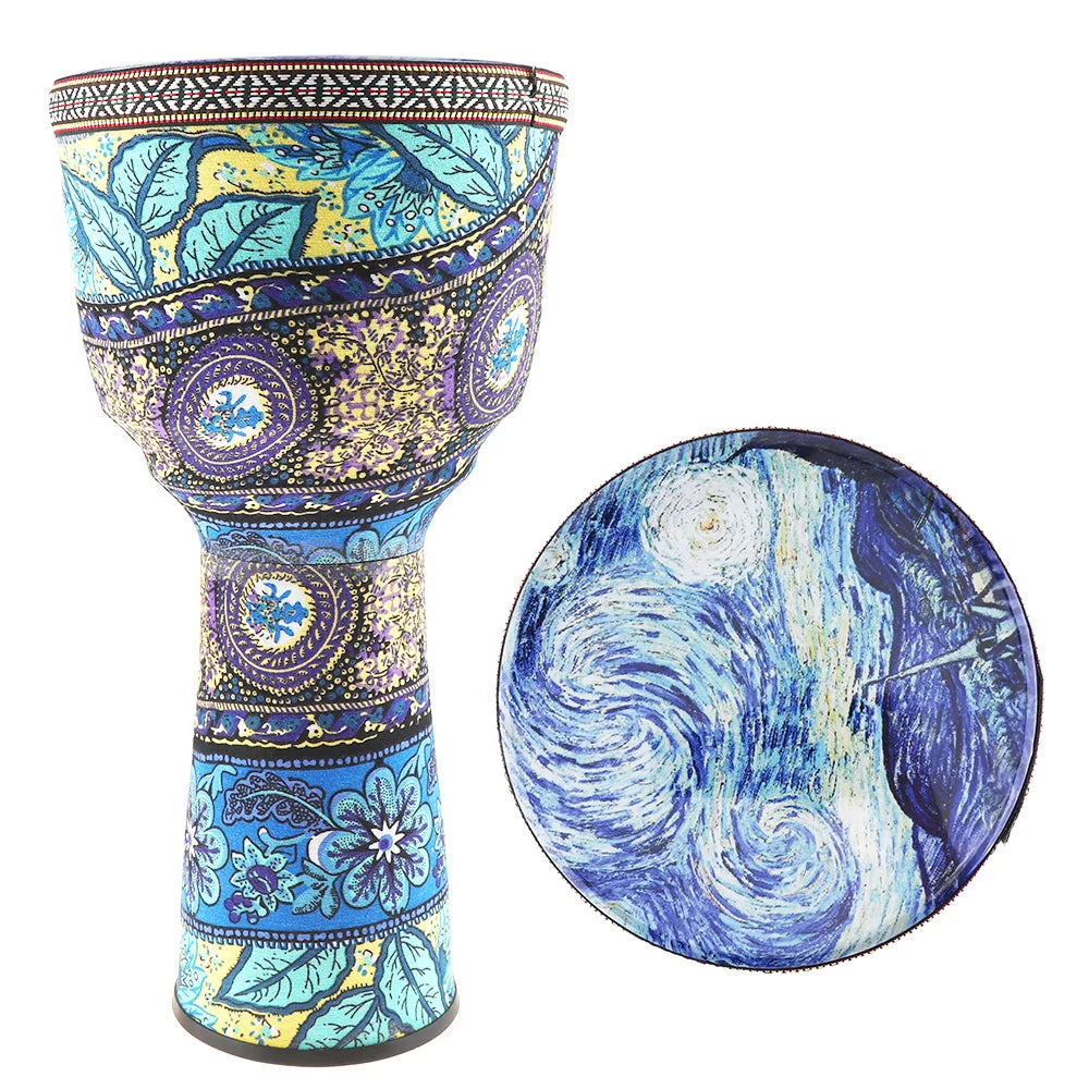 African Djembe Drum — 8.5 Inch Hand Drum with Colorful Cloth Art