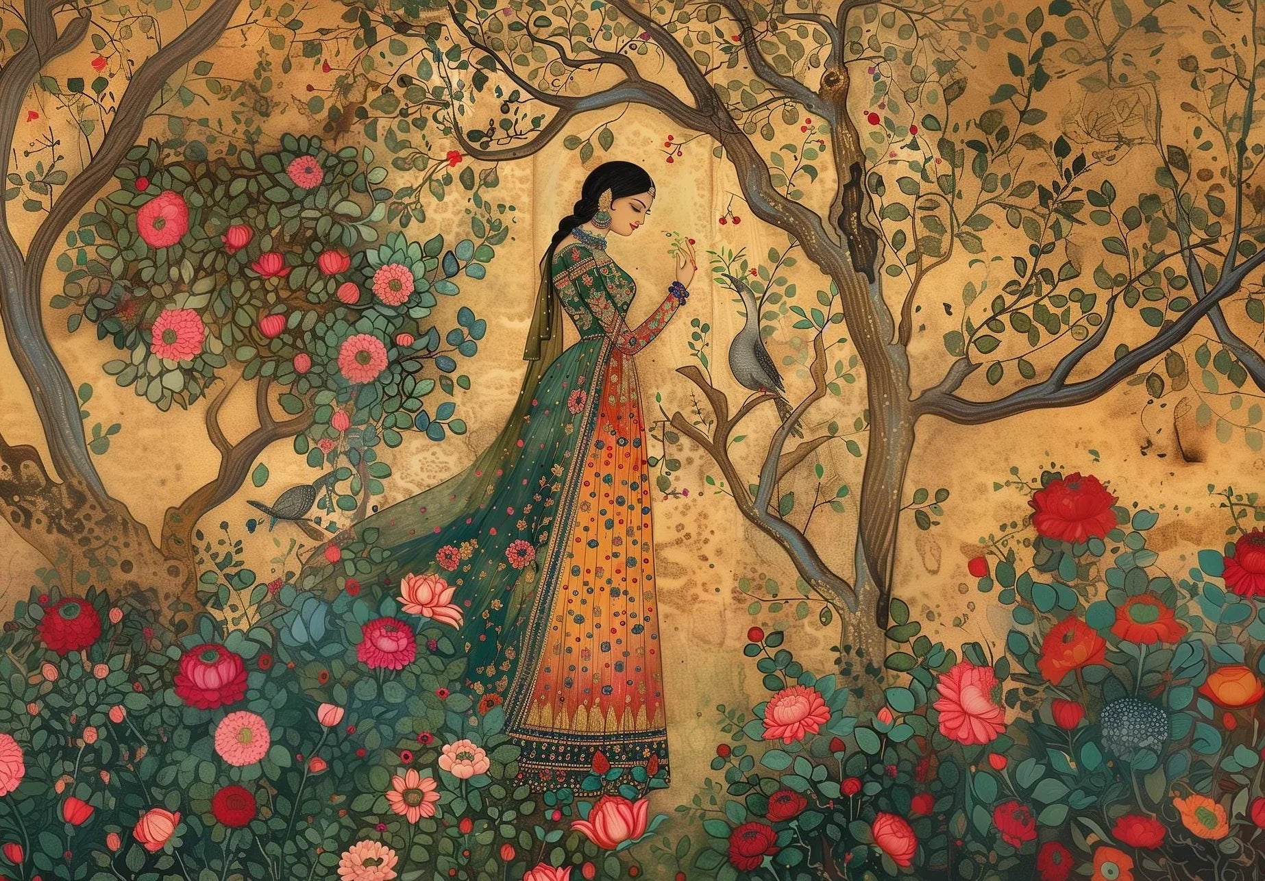 1pc frameless Canvas Painting  Vintage Indian Mughal Inspired Woman Portrait Poster Traditional Indian Pakistani works Canvas Pa