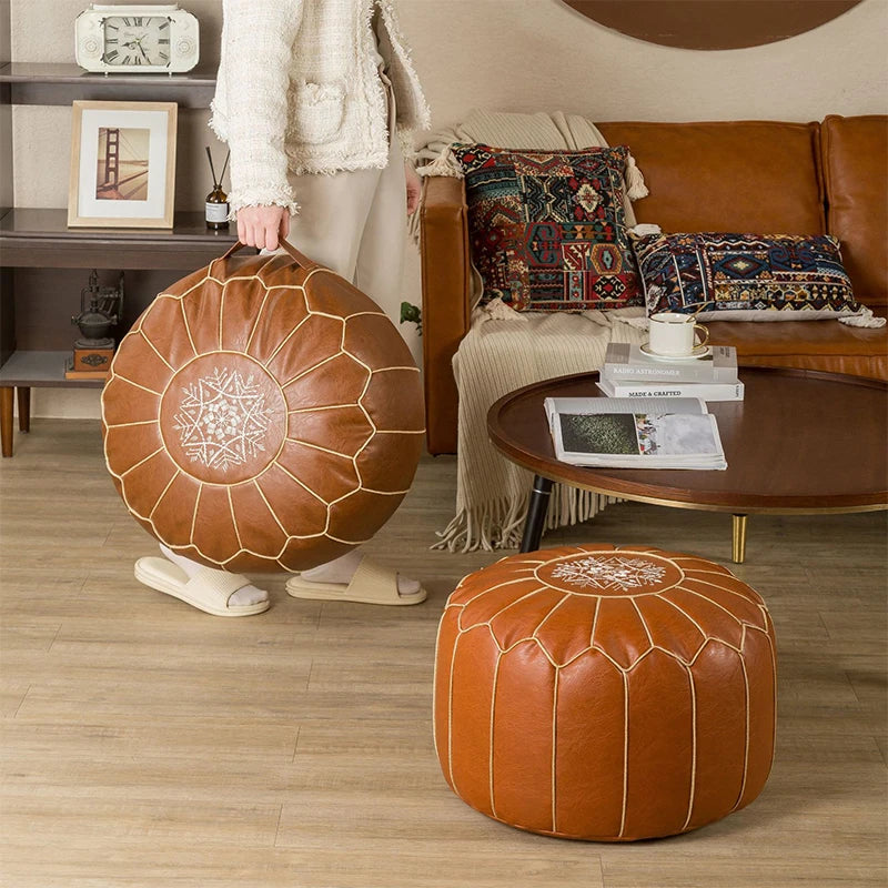 Moroccan Leather Pouf Cover — Hand-Embroidered Round Ottoman, Unstuffed