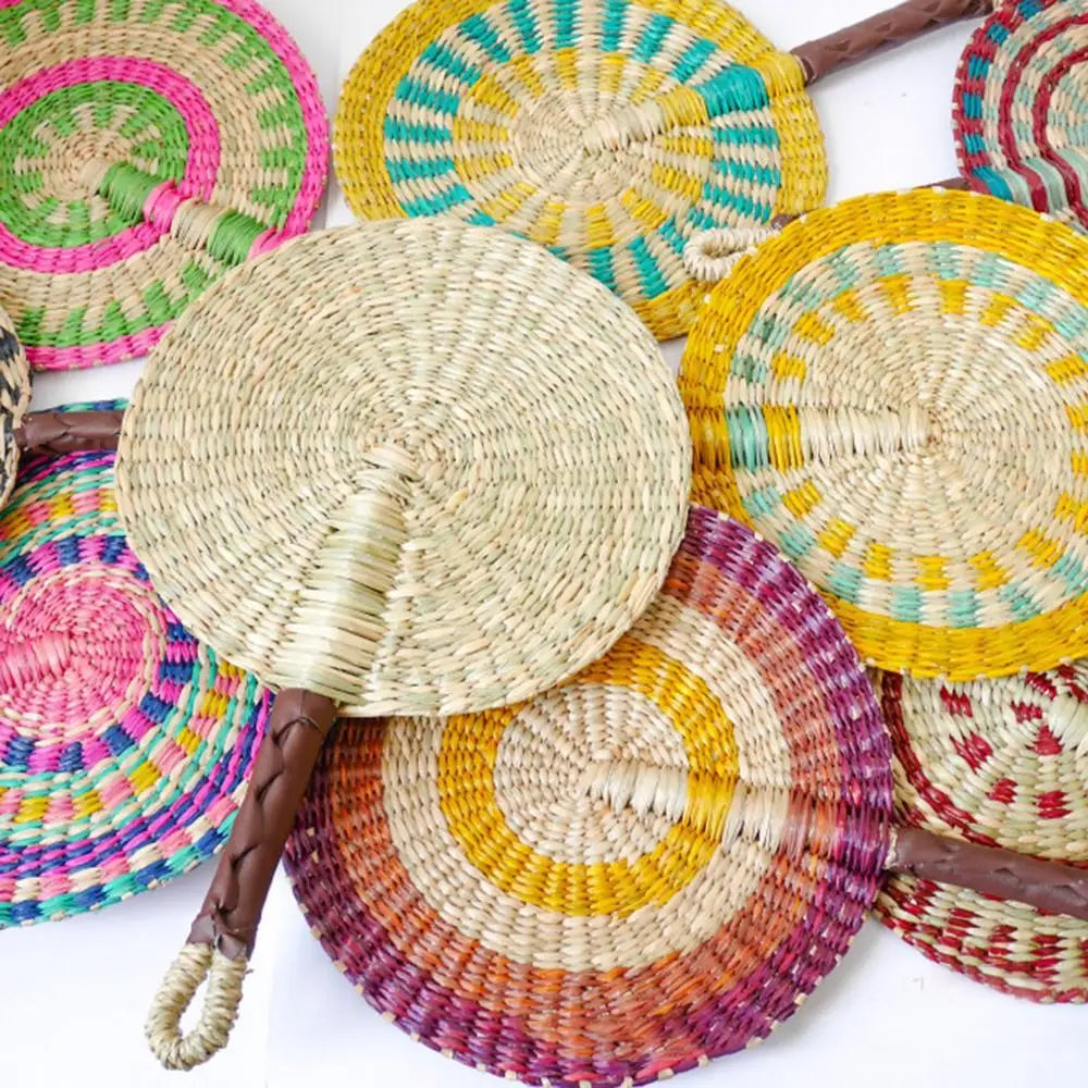 Handwoven Seagrass Fan — Boho Striped Décor
