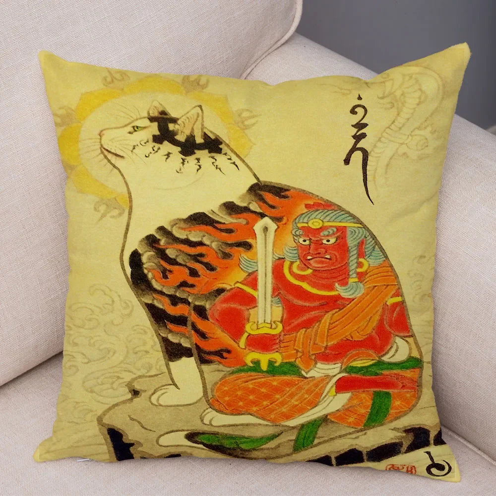Vintage Japanese Samurai Cat Tattoo Cushion Cover Decor Retro Animal Pillowcase Sofa Home Car