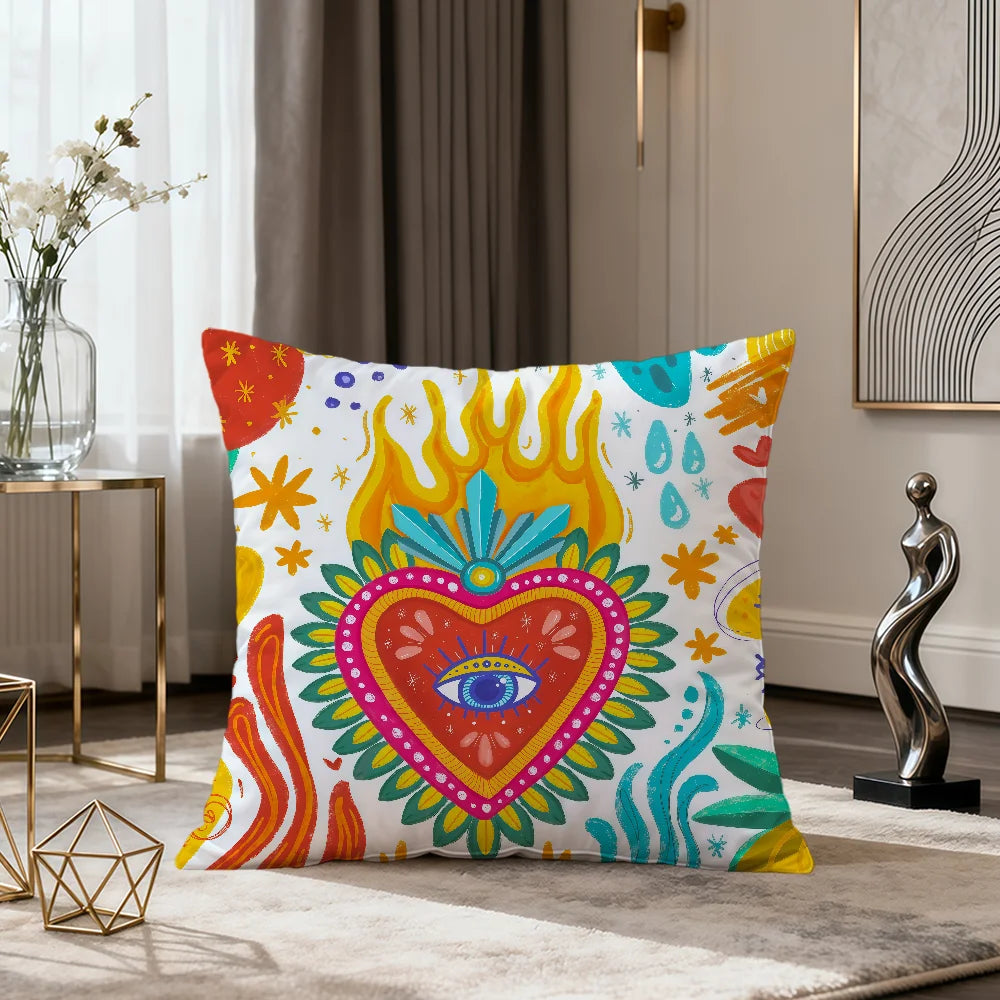 Milagro Sacred Heart Pillow Cover — Mexican Folk Art Cushion Cover