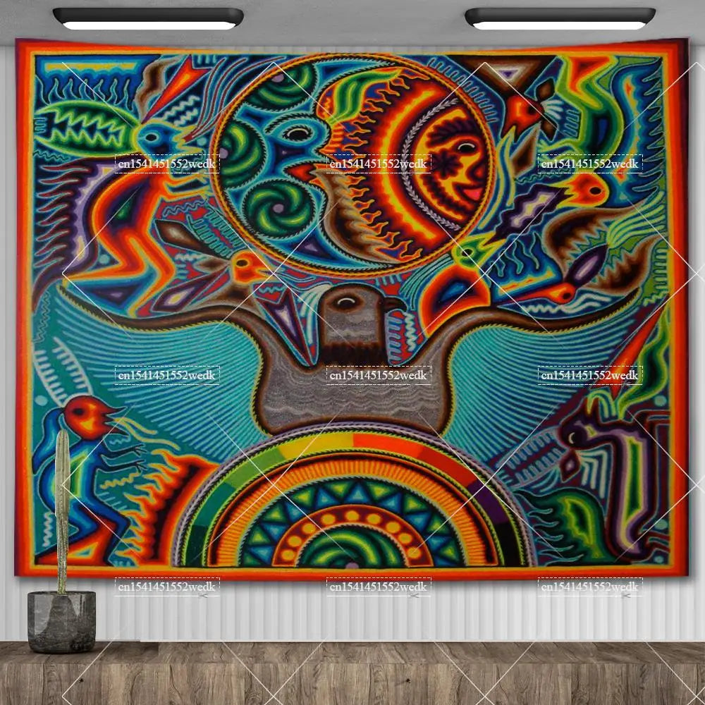 Huichol-Inspired Mexican Yarn Art Tapestry Wall Hanging – Vibrant Mandala Home Decor