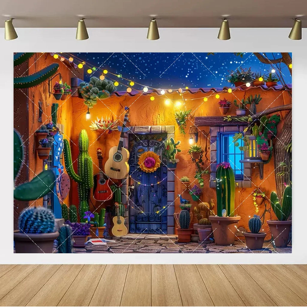 Mexican Fiesta Photo Backdrop — Cinco de Mayo Cactus & Guitar Party Banner