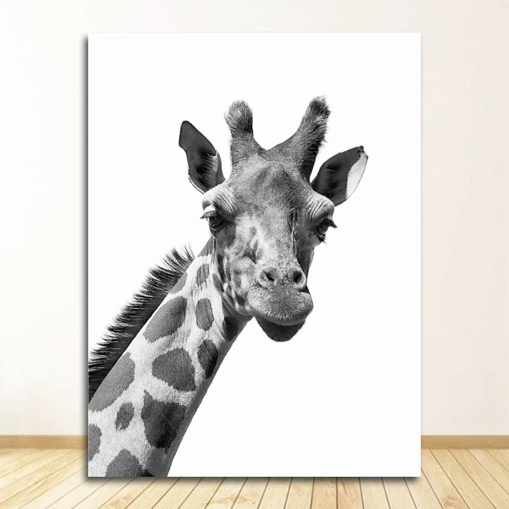 Kids Room Wall Art Poster - Black & White Safari Animals Print Featuring Lion Zebra & Elephant - Canvas Decoration for Nursery