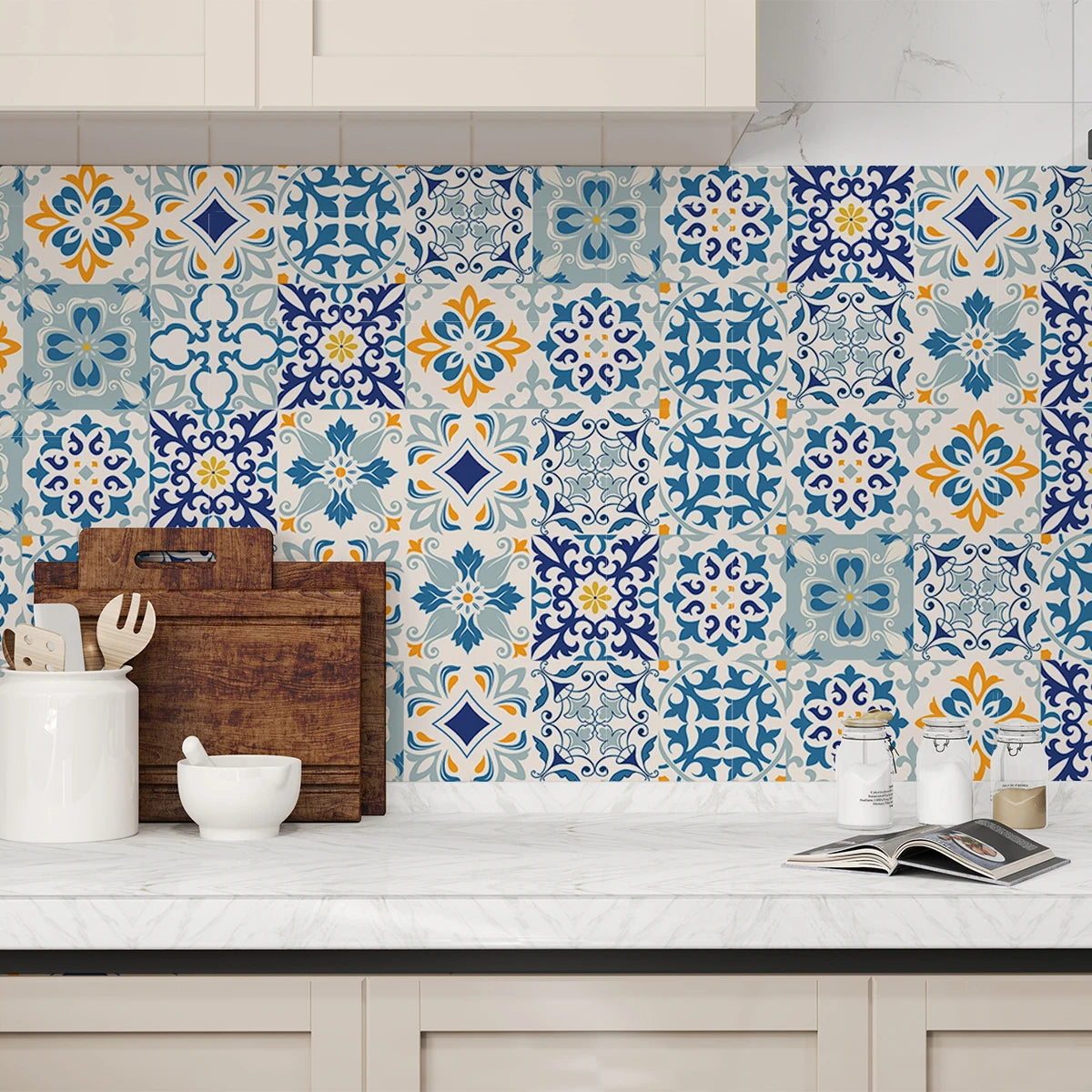 Moroccan Vintage Floral Tile Stickers, Self-Adhesive Moisture-Resistant, Removable Vinyl Home Decor for Kitchens, Bathrooms