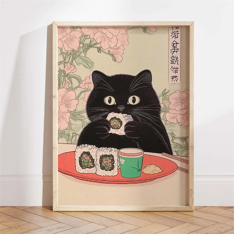 Japanese Ukiyo-e Style Funny Black Cat Bathroom Poster Print Canvas Painting Wall Art Picture for Kitchen Bathroom Home Decor
