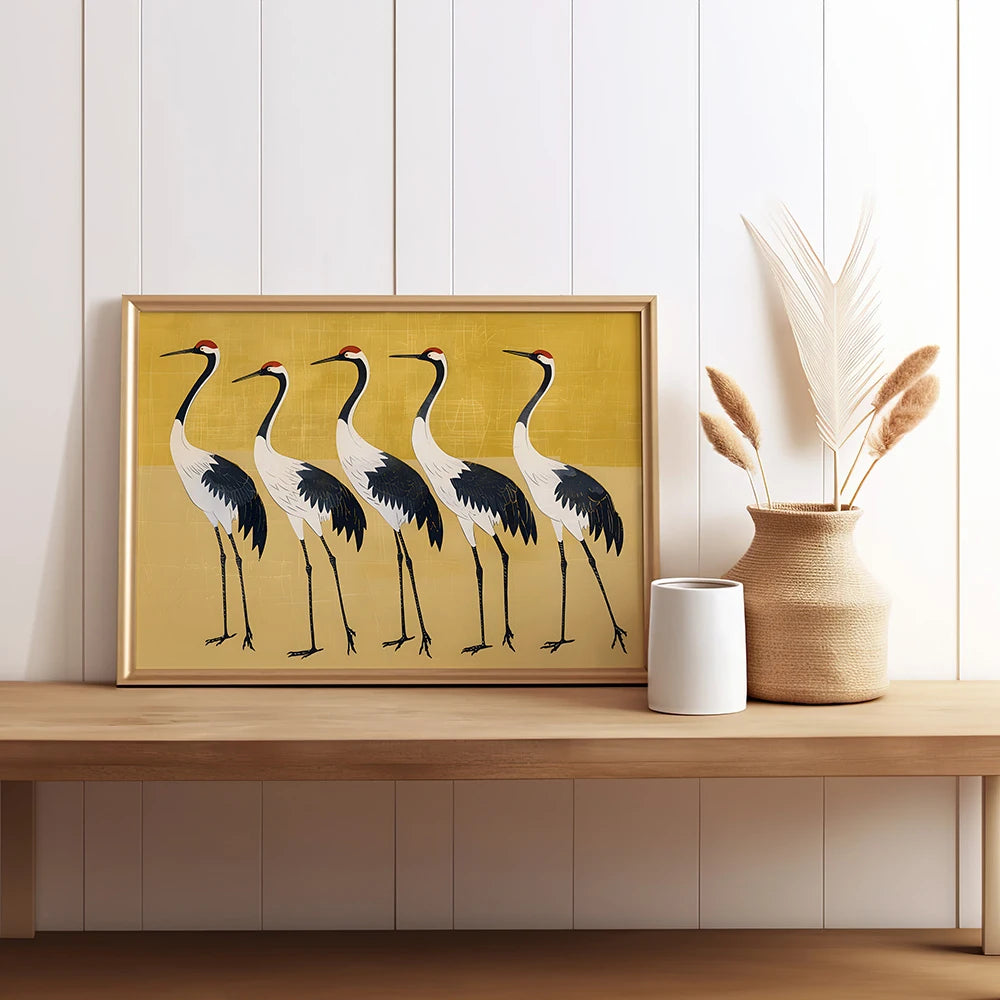 Sage Green Gold Japandi Art Print Flying Birds Wall Art Abstract Sun Art Living Room Decor Japanese Wall Art Bedroom Decor Gift