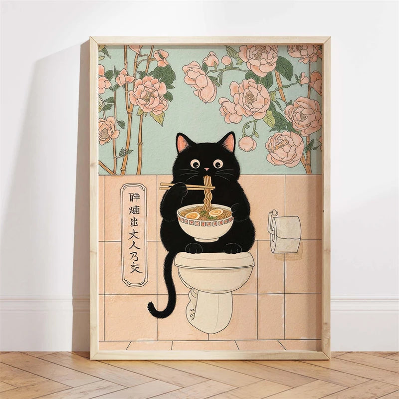 Japanese Ukiyo-e Style Funny Black Cat Bathroom Poster Print Canvas Painting Wall Art Picture for Kitchen Bathroom Home Decor
