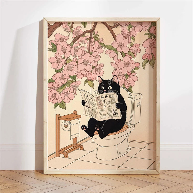 Japanese Ukiyo-e Style Funny Black Cat Bathroom Poster Print Canvas Painting Wall Art Picture for Kitchen Bathroom Home Decor