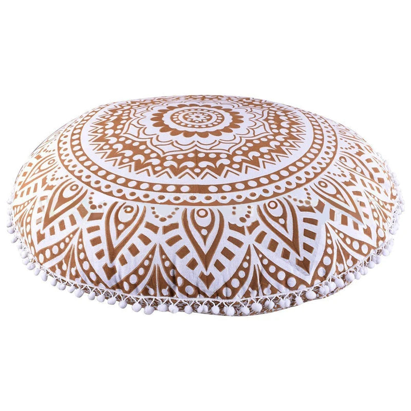 Indian Mandala Round Floor Cushion Cover — Boho Pom-Pom Pouf Cover
