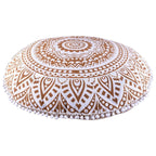 Indian Mandala Round Floor Cushion Cover — Boho Pom-Pom Pouf Cover