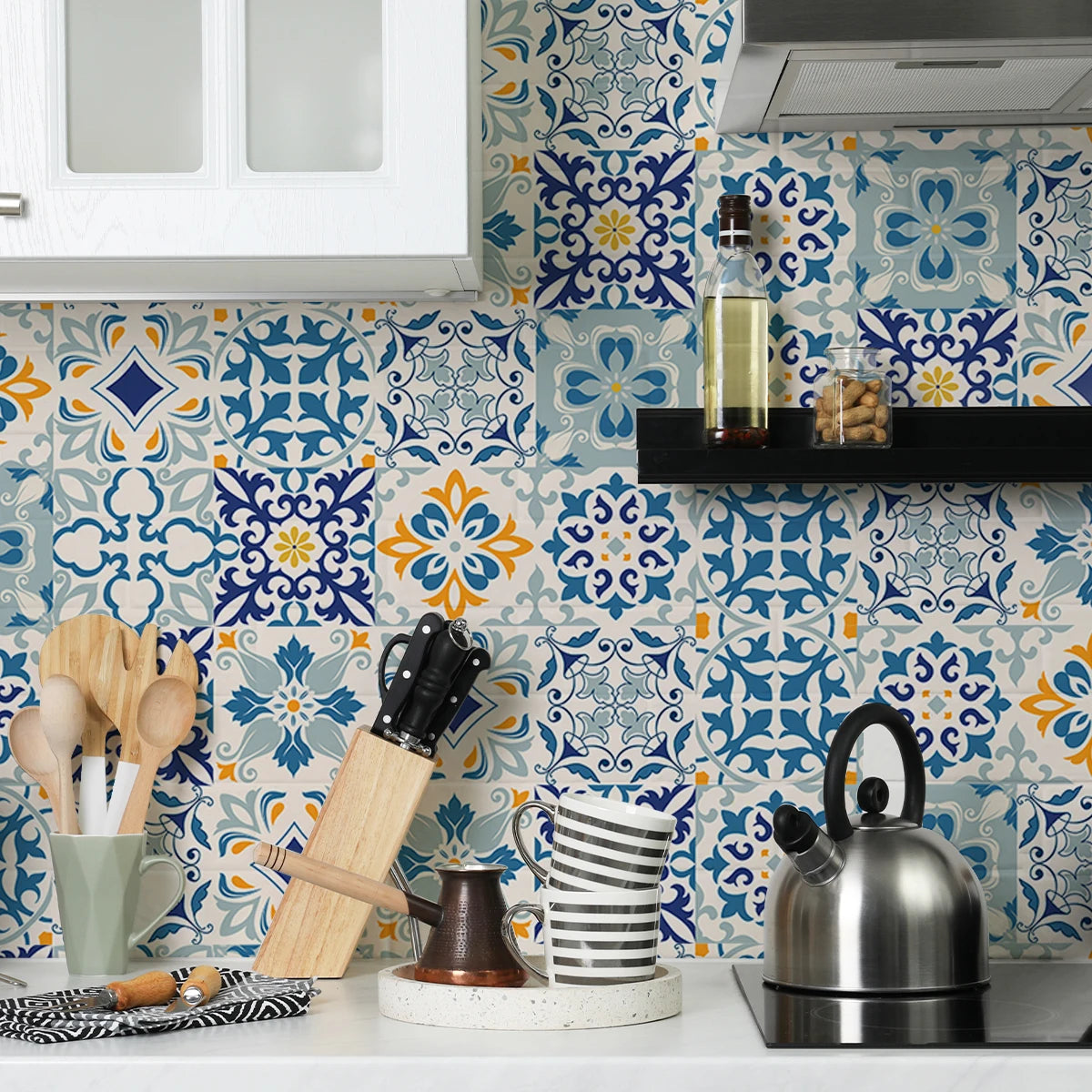 Moroccan Vintage Floral Tile Stickers, Self-Adhesive Moisture-Resistant, Removable Vinyl Home Decor for Kitchens, Bathrooms