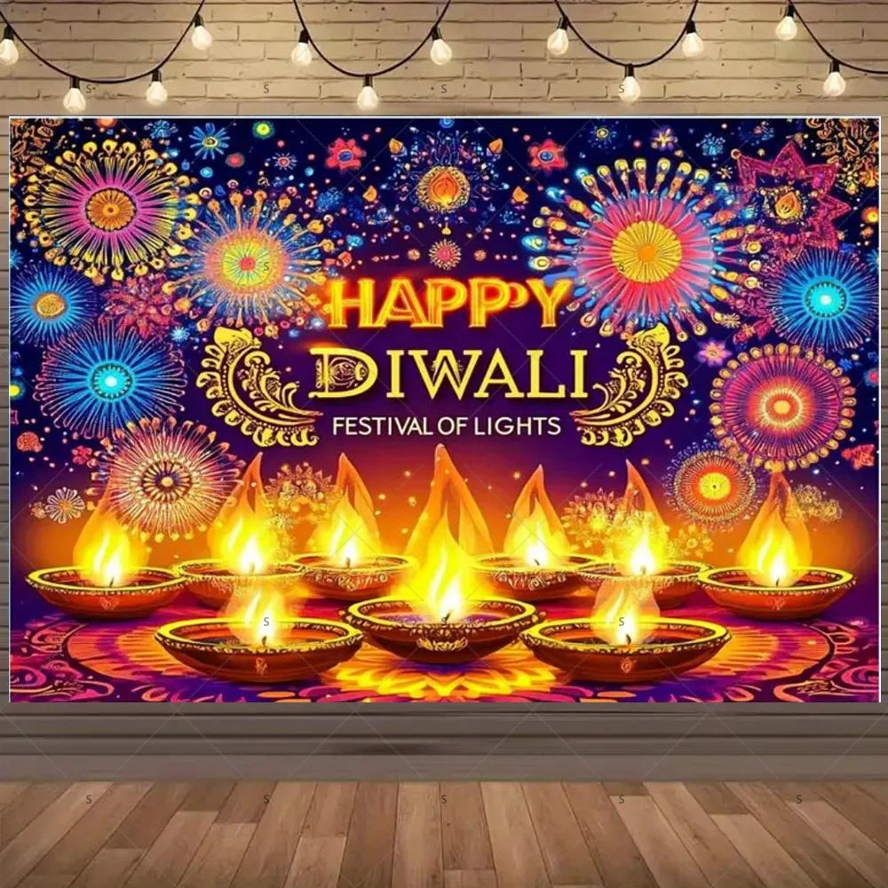 Happy Diwali Backdrop — Diya & Lotus Festival Photo Banner, 25 Designs