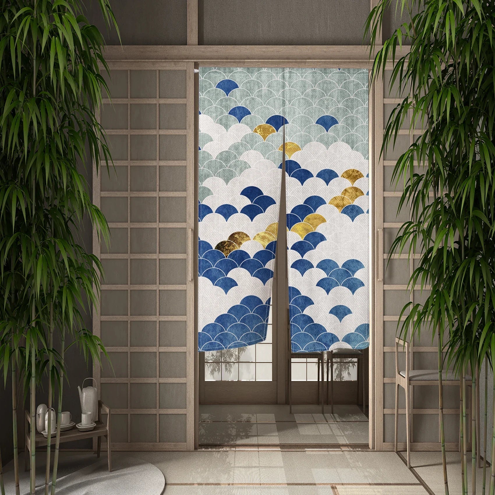 Traditional Japanese Wave Pattern Door Curtain Linen Durable Stylish Bedroom Kitchen Entrance Decor Partition Half Curtain