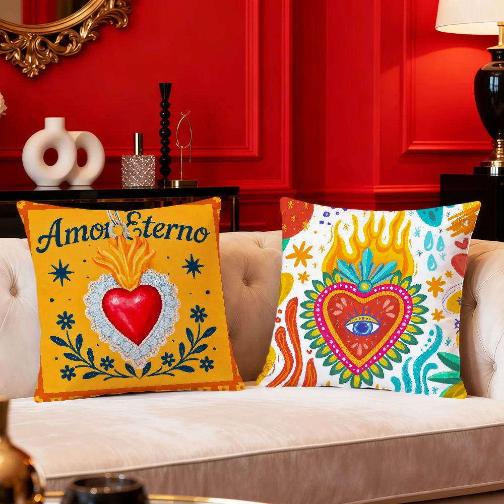 Milagro Sacred Heart Pillow Cover — Mexican Folk Art Cushion Cover
