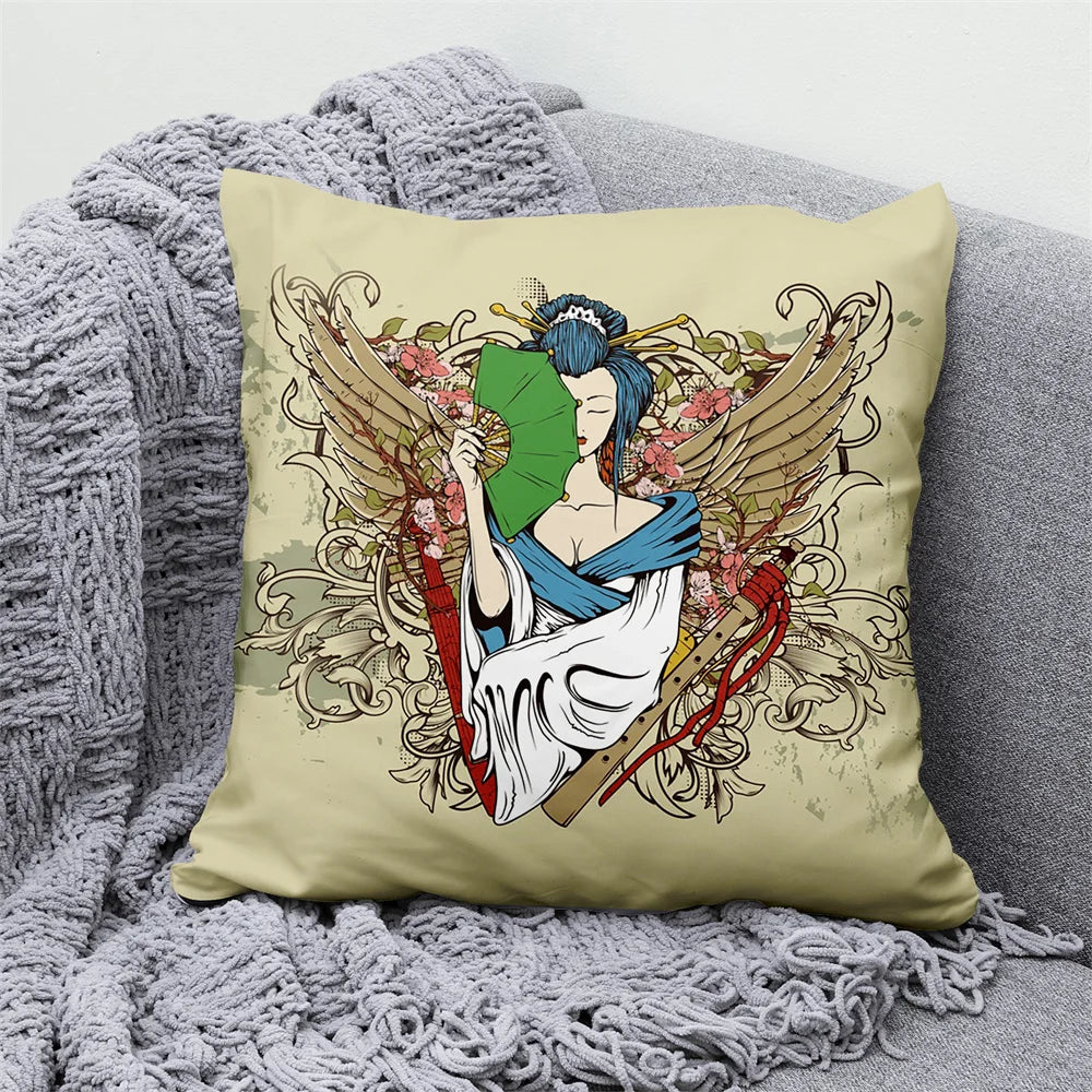Lucky Cat & Mount Fuji Cushion Cover — Japanese Art Pillow