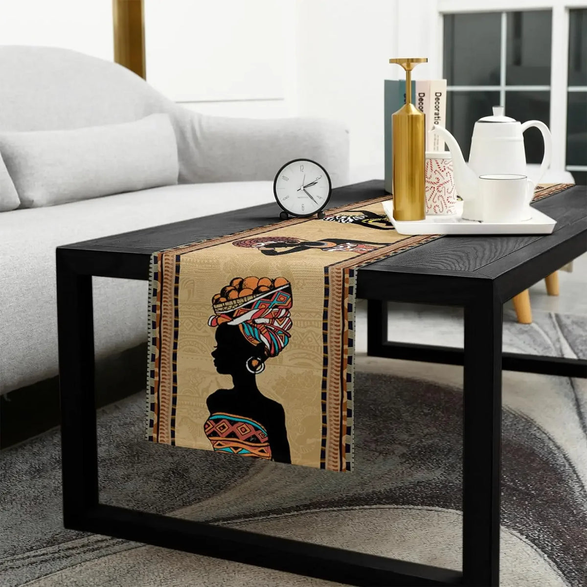African Woman Linen Table Runner — Boho Farmhouse Style