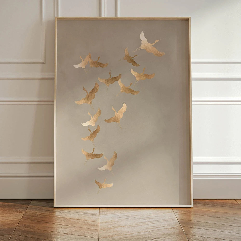 Sage Green Gold Japandi Art Print Flying Birds Wall Art Abstract Sun Art Living Room Decor Japanese Wall Art Bedroom Decor Gift