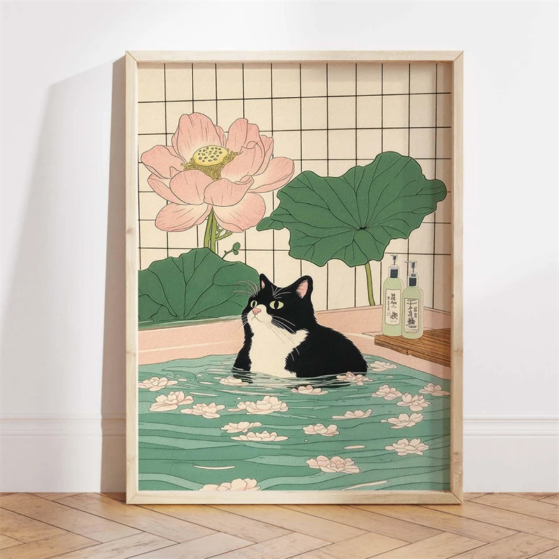 Japanese Ukiyo-e Style Funny Black Cat Bathroom Poster Print Canvas Painting Wall Art Picture for Kitchen Bathroom Home Decor
