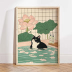 Japanese Ukiyo-e Style Funny Black Cat Bathroom Poster Print Canvas Painting Wall Art Picture for Kitchen Bathroom Home Decor