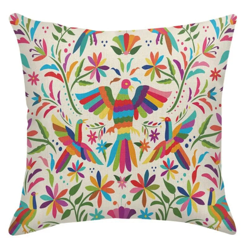 Otomi-Inspired Bird & Floral Pillow Cover — Mexican Folk Art Cushion Cover