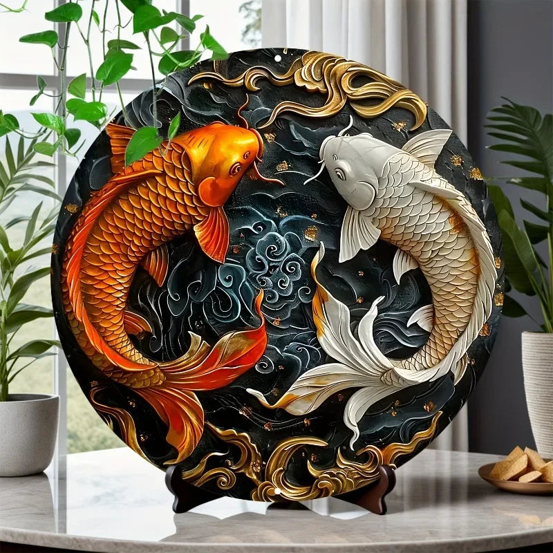 Vintage Koi Fish Round Metal Wall Art — Japanese Pond Décor Sign