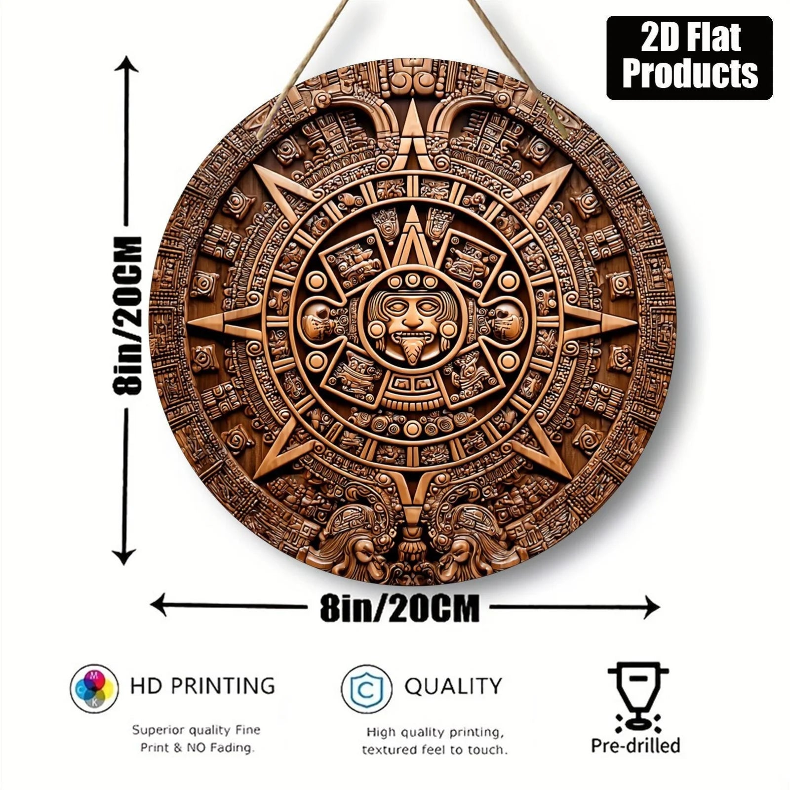 Aztec Sun Stone Wall Plaque – Vintage Wood-Style Carved Wall Art, 8x8 Inch Rustic Home Decor