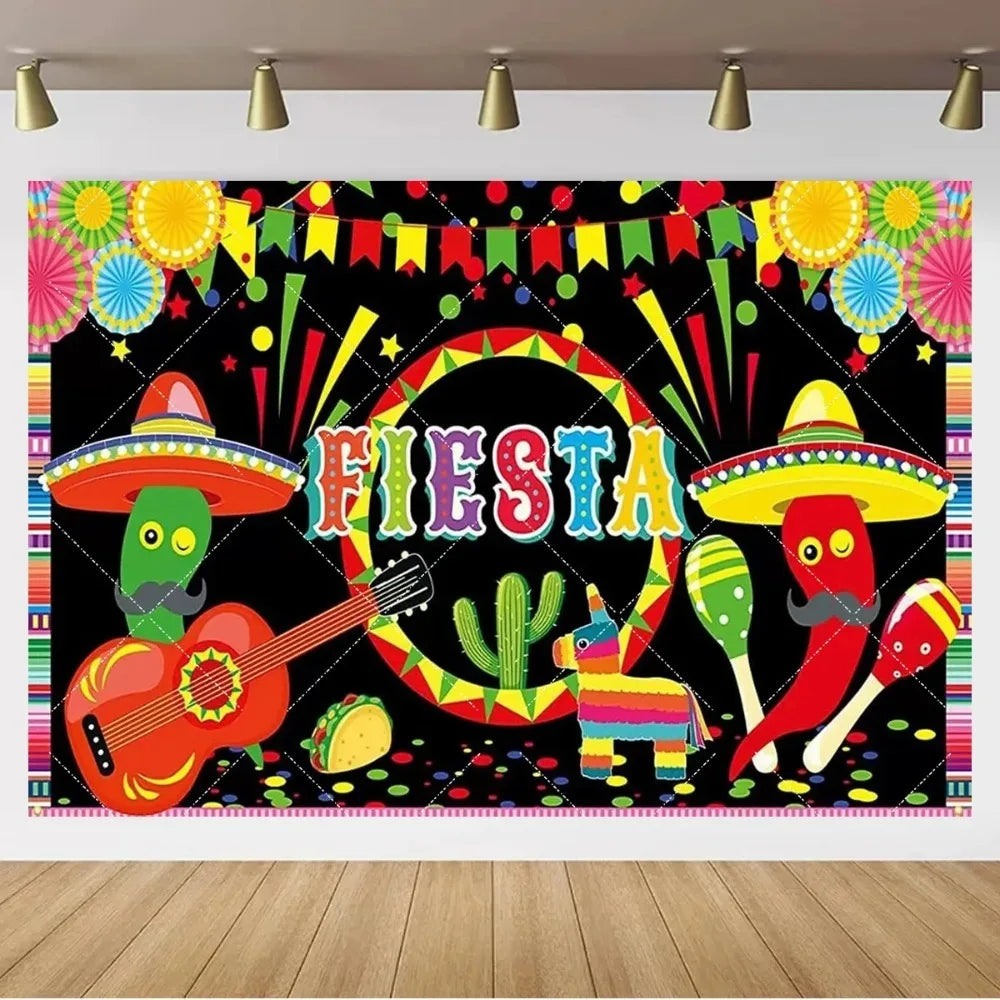 Mexican Fiesta Photo Backdrop — Cinco de Mayo Cactus & Guitar Party Banner
