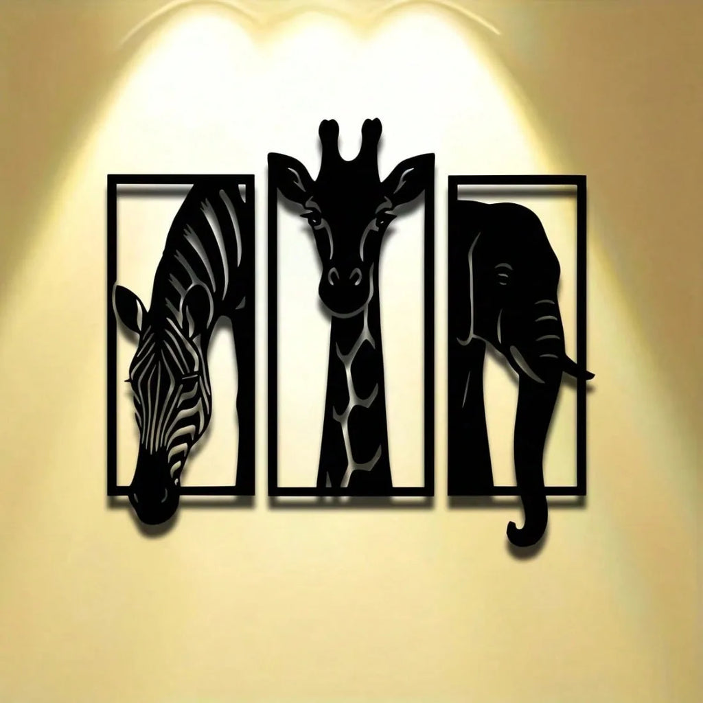 Safari Animal Metal Wall Art Set — 3-Piece Elephant, Giraffe & Zebra Décor