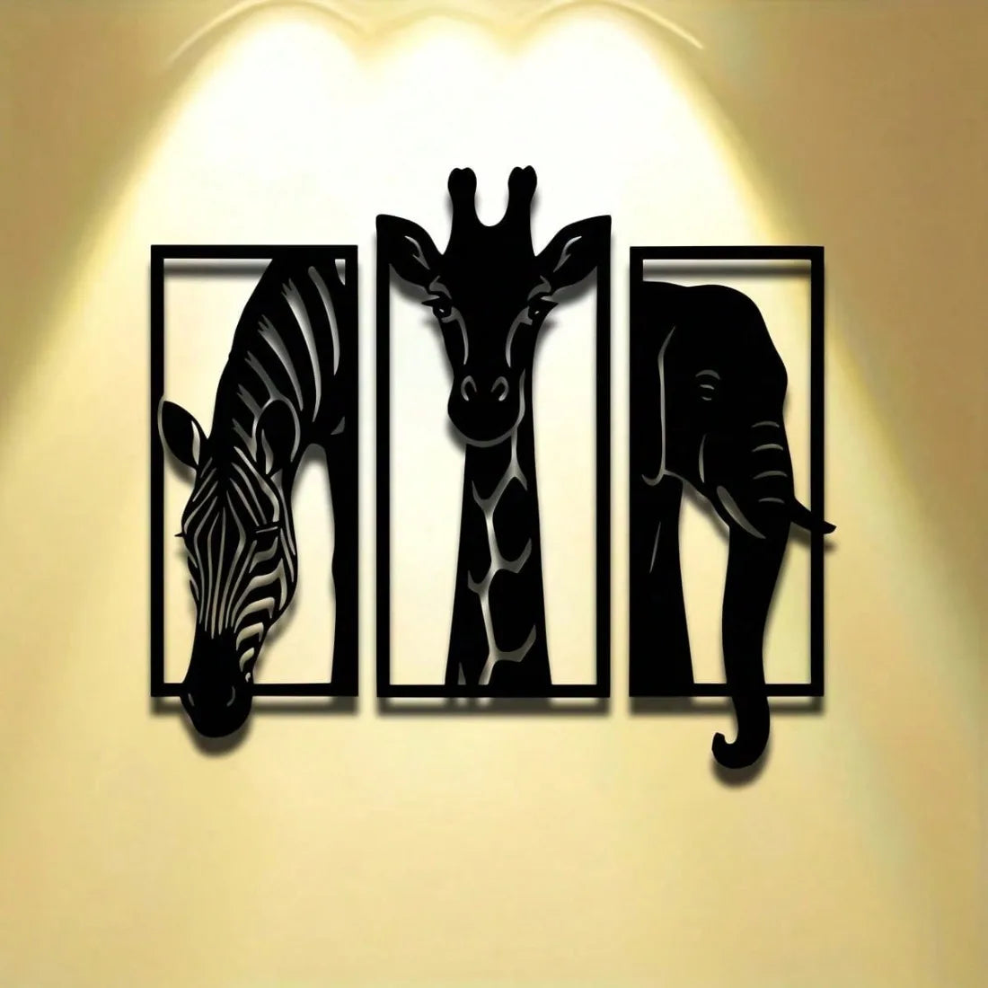 Safari Animal Metal Wall Art Set — 3-Piece Elephant, Giraffe & Zebra Décor