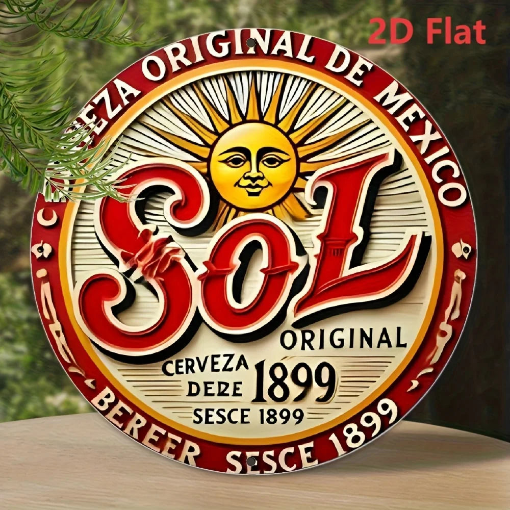 2D Flat "Sol Cerveza Original" Round Tin Sign - Vintage Mexican Beer Sun Logo Metal Wall Decor for Bar, Man Cave, Garage, Beer L