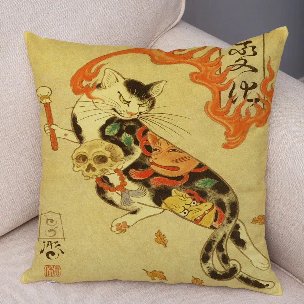 Vintage Japanese Samurai Cat Tattoo Cushion Cover Decor Retro Animal Pillowcase Sofa Home Car