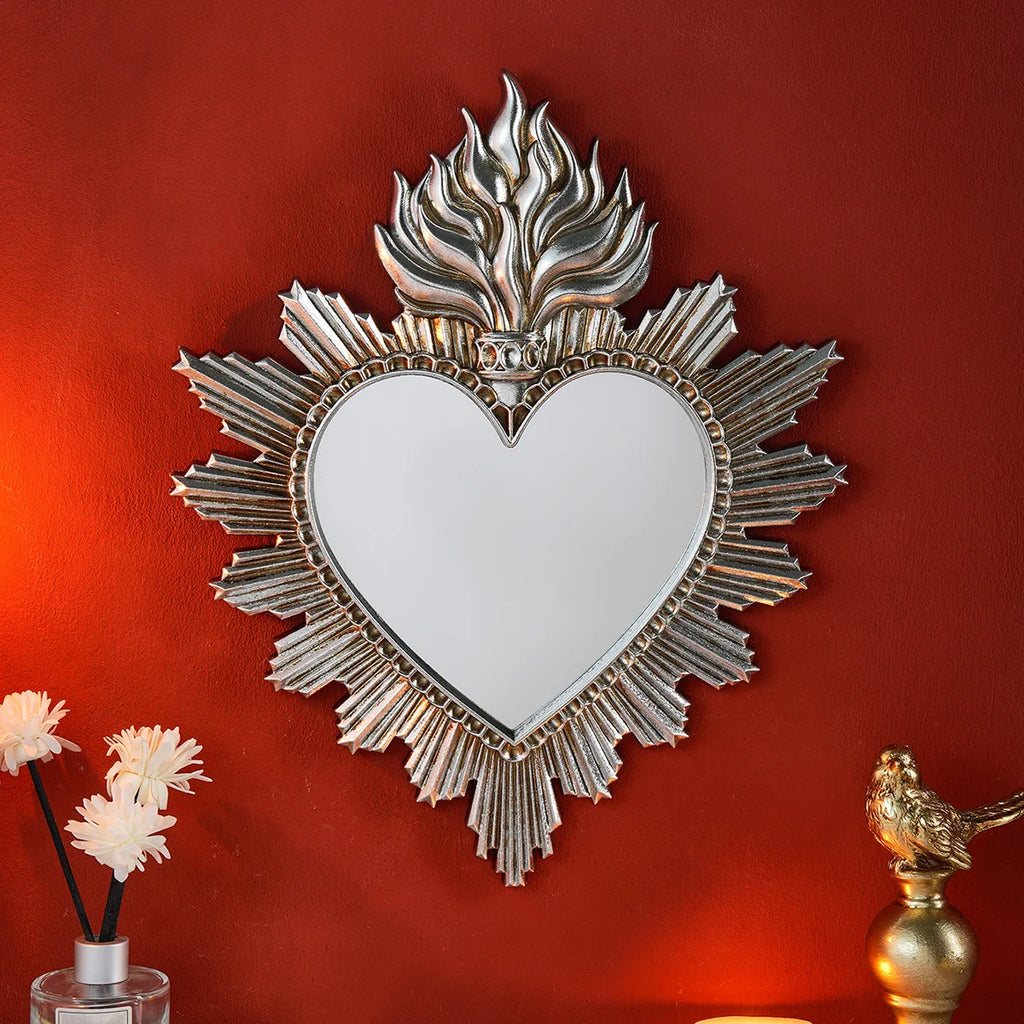 Sagrado Corazón Sacred Heart Hanging Mirror — Flame Heart Wall Pendant