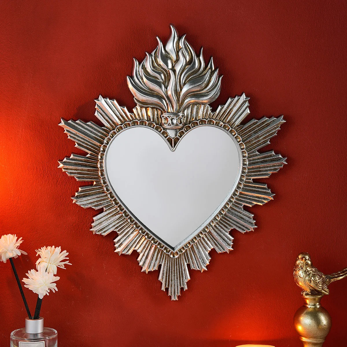 Sagrado Corazón Sacred Heart Hanging Mirror — Flame Heart Wall Pendant