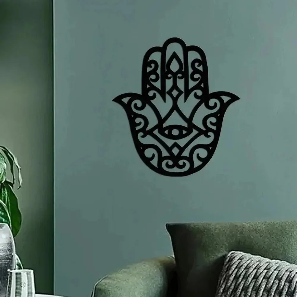 Moroccan Khamsa Cutout Wall Art — Black Metal Hand of Fatima Sign