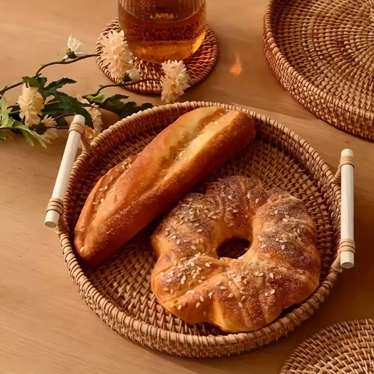Rattan Woven Round Tray — Fruit & Snack Basket