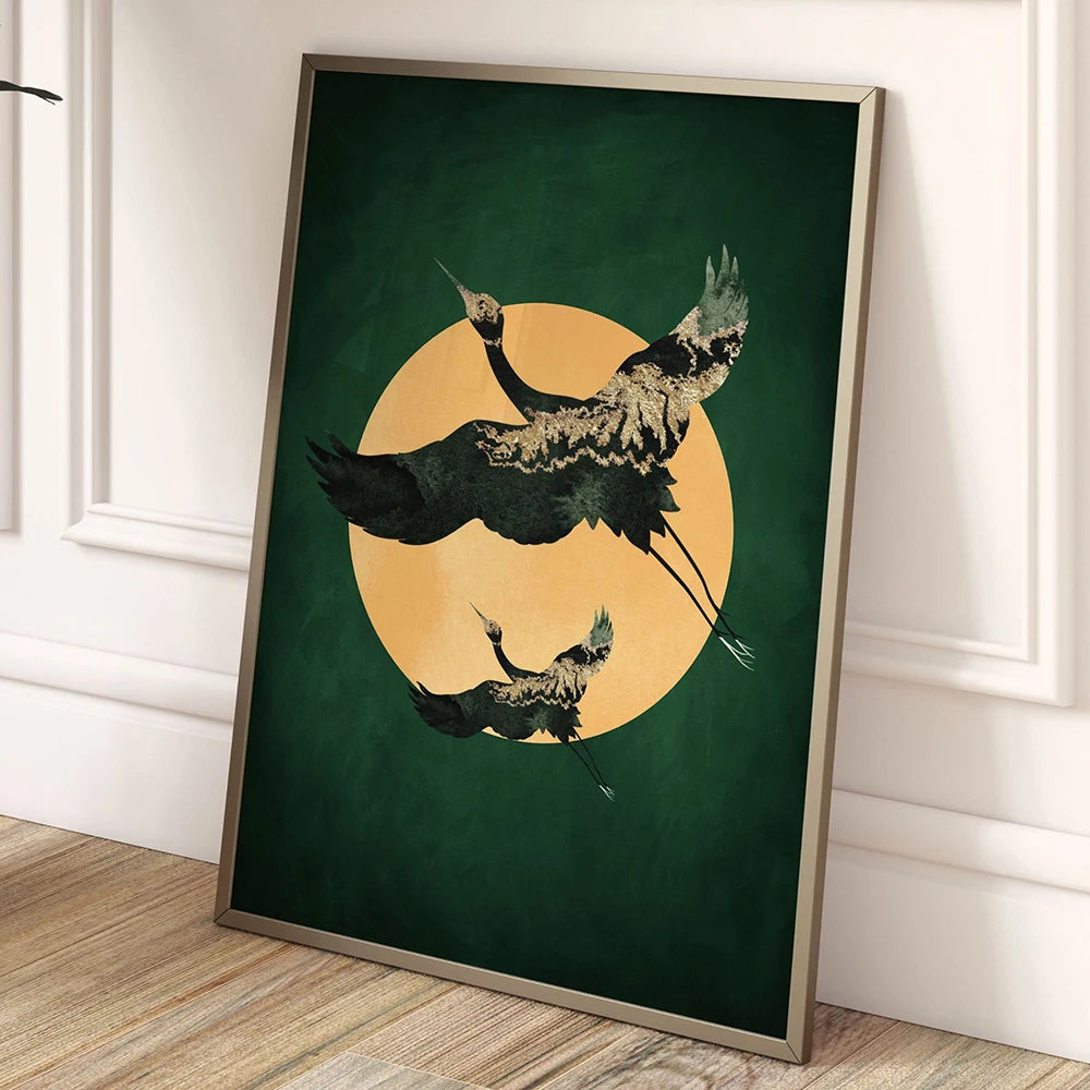 Sage Green Gold Japandi Art Print Flying Birds Wall Art Abstract Sun Art Living Room Decor Japanese Wall Art Bedroom Decor Gift