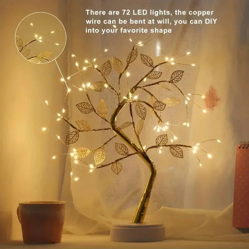 Golden Leaf LED Tree Light — Touch Copper Wire Night Lamp