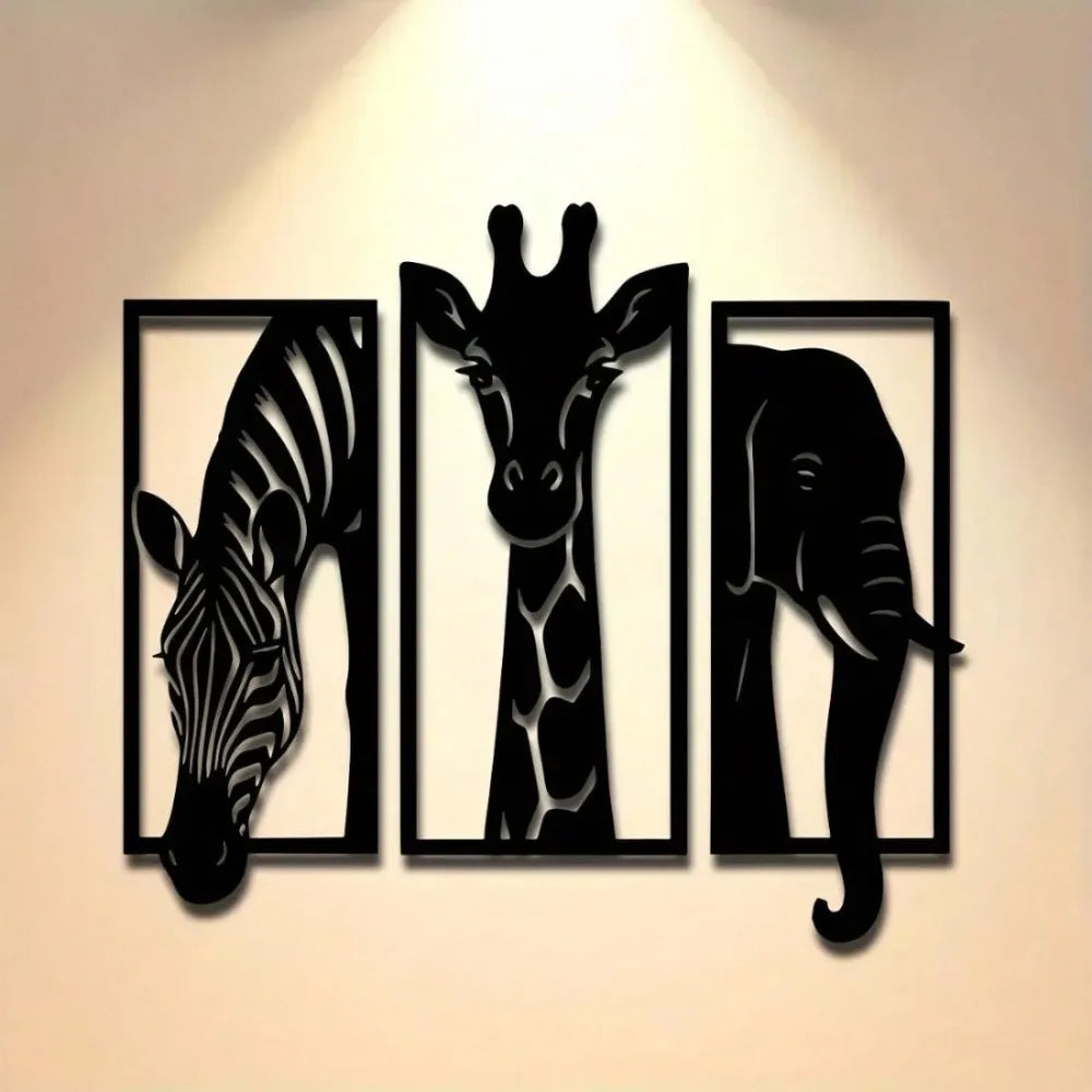 Safari Animal Metal Wall Art Set — 3-Piece Elephant, Giraffe & Zebra Décor