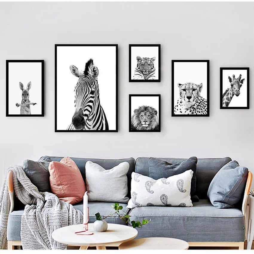 Kids Room Wall Art Poster - Black & White Safari Animals Print Featuring Lion Zebra & Elephant - Canvas Decoration for Nursery