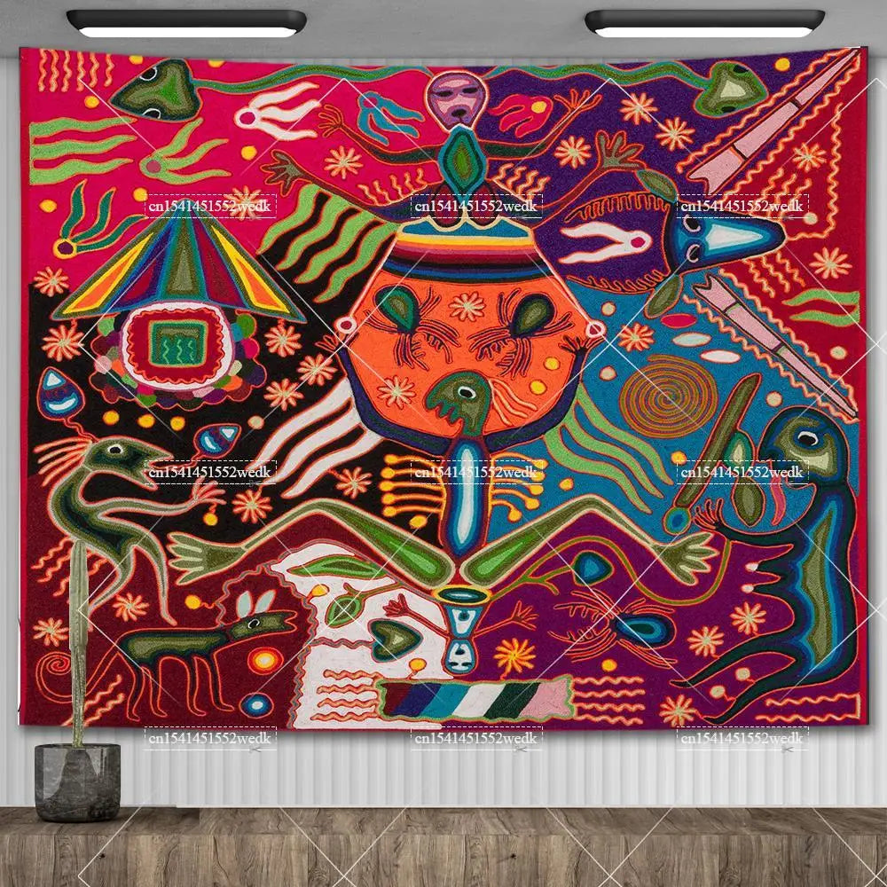 Huichol-Inspired Mexican Yarn Art Tapestry Wall Hanging – Vibrant Mandala Home Decor
