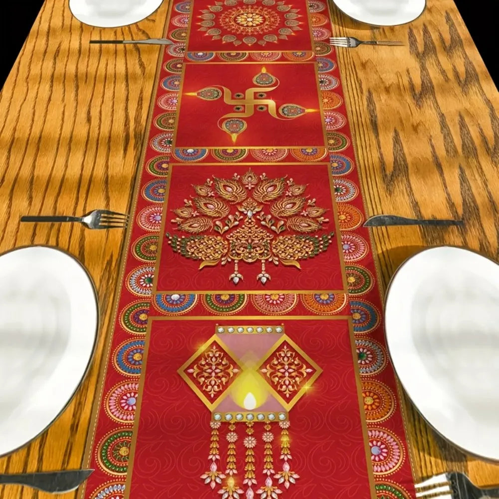 Diwali Elephant Table Runner — Red & Gold Festive Décor