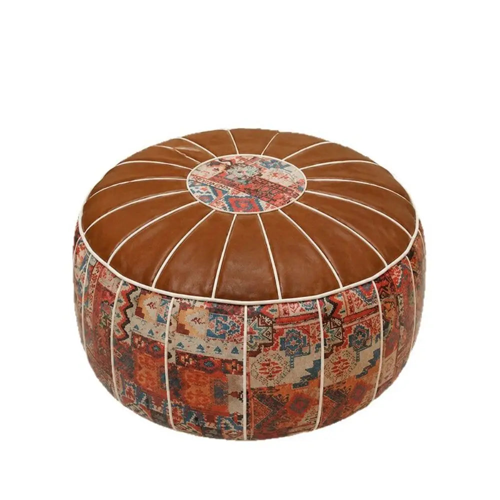 Moroccan-Style Round Ottoman Pouf Cover – Fillable Faux Leather Floor Seat, Boho Pattern Storage Stool